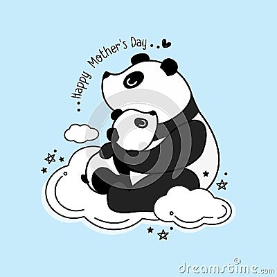 Mother`s day card with Pandas. Panda mother hugging baby panda Vector Illustration