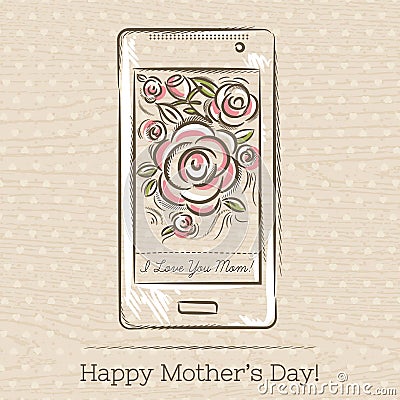 Mother's Day card with smart phone and roses, vector Vector Illustration