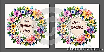 Mother's Day card. Watercolor wreath of flowers. Polish and english version. Stock Photo