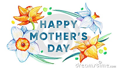 Mother`s day composition with narcissuses and title Cartoon Illustration