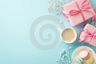 Top view photo of pink gift boxes with bows plate with macaroons cup of coffee small hearts and gypsophila flowers Stock Photo