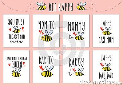Mother`s day, Father`s day cards with cute bee, vector set Vector Illustration