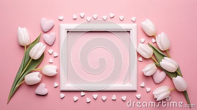 Mother's Day Gift Photo Frame Mockup Flat Lay Composition with Pink Tulips, Hearts, and Sprinkles on Pastel Pink Background Stock Photo