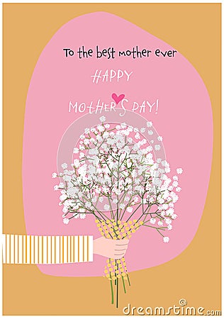 MotherÂ´s day greetin card with hand of a person giving flowers Vector Illustration