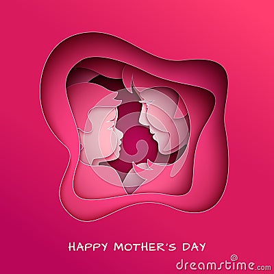 Mother`s day greeting card, abstract cuted shape on red backdrop. Woman and baby silhouettes, congratulation text. Pink design Vector Illustration