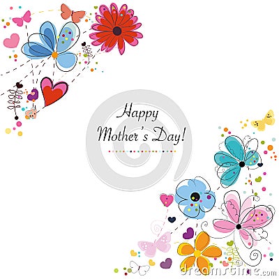 Mother`s Day greeting card. Floral frame. Floral greeting card with colorful decorative abstract spring flowers Vector Illustration