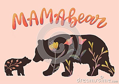 Mother's Day greeting card with mama bear and baby bear and Calligraphy for Cartoon Illustration