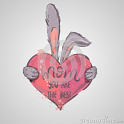 Mother`s Day greeting card. Rabbit holding heart. Mom you are the best. I love you mom Cartoon Illustration
