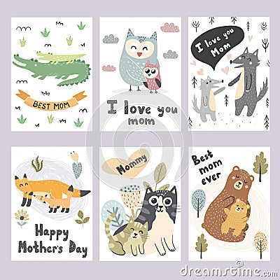 Motherâ€™s Day greeting cards collection. Cute animals prints Vector Illustration