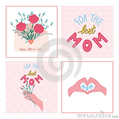 Mother`s Day greeting cards set. Colourful bouquet of spring flowers in cute envelope Vector Illustration
