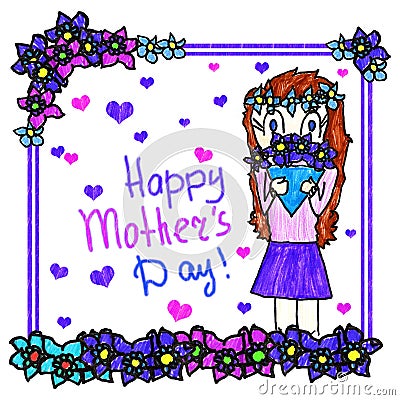 Mother`s day handmade greeting card. Children`s drawing simulation. Girl gives bouquet of flowers to her mother. Stock Photo