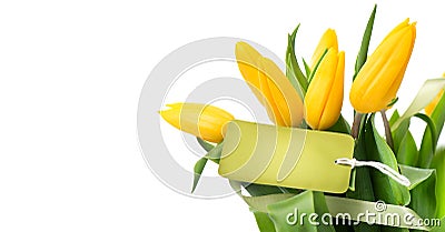 Mother`s Day holiday spring yellow tulips flower bunch with blank greeting card. Beautiful tulip flowers bouquet Stock Photo