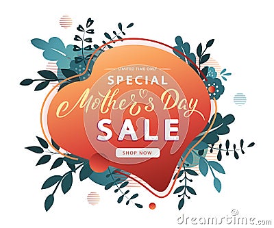 Mother`s Day modern sale banner template. Abstract geometric background with leaves and branches Vector Illustration