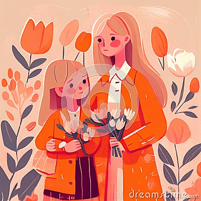 Mother's Day Mother Daughter Warmth Celebration Pink Orange Peach Spring Flower March 8 Pastel Generative AI Cartoon Illustration