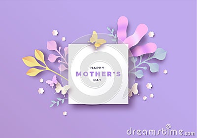 Mother`s day papercut nature card template frame Vector Illustration