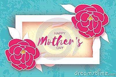 Mother`s Day. Pink Floral Greeting card. Paper cut Peony Flower.Rectangle Frame. Origami Women`s Day. Text. Vector Illustration