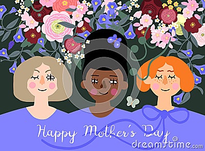 Vector. Happy Mother`s Day ready to print postcard with beaytiful meadow wild flowers and three ladies Vector Illustration