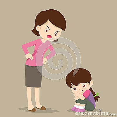 Mother scolding sad children girl Vector Illustration