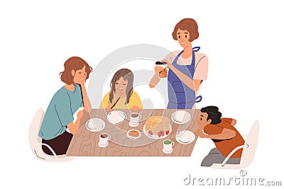 Mother serving breakfast while sleepy kids sitting at table in morning. Family with children eating home food, pancakes Vector Illustration