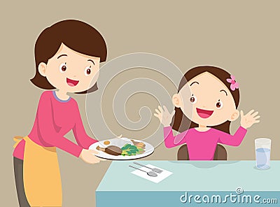 Mother serving food to daughter Vector Illustration