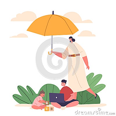 Mother Shield Little Kids Under An Umbrella, Symbolizing Family Protective Embrace. It Embodies The Concept Of Safety Vector Illustration