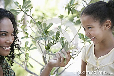 Mother Showing Flower Plant To Daughter Stock Photo