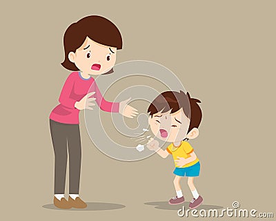 Mother and Sick boy coughing hard Vector Illustration