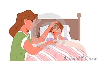 Mother and sick son with cold flu, fever ill vector illustration. Cartoon feverish child lying in bed at home bedroom Vector Illustration