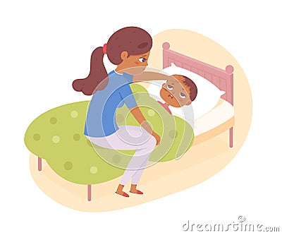 Mother sitting on bed of sick unhappy child, boy with tired face suffering from fever Vector Illustration