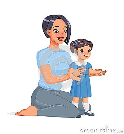 Mother sitting on the floor with her toddler. Cartoon vector illustration. Vector Illustration