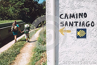 Mother and son as a pilgrims walk on St.Santiago Way, North Spain Stock Photo