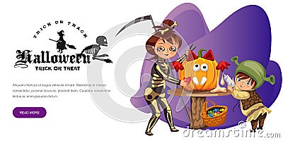 Mother with son carving Halloween pumpkin poster. Cartoon mom and little child dressed in hallows costumes of death and Vector Illustration