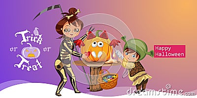 Mother with son carving Halloween pumpkin poster. Cartoon mom and little child dressed in hallows costumes of death and Vector Illustration