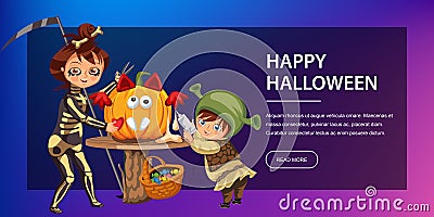Mother with son carving Halloween pumpkin poster. Cartoon mom and little child dressed in hallows costumes of death and Vector Illustration
