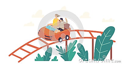 Mother and Son Characters Riding Roller Coaster, Family Extreme Recreation in Amusement Park, Fun Fair Carnival Activity Vector Illustration