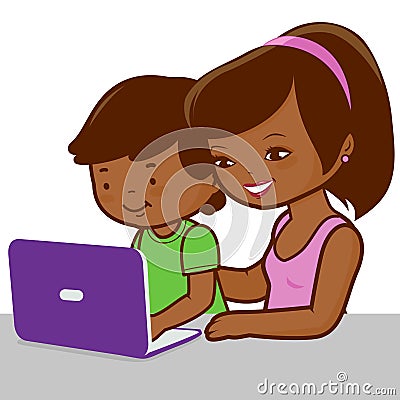 Mother and son on the computer. Vector Illustration Vector Illustration
