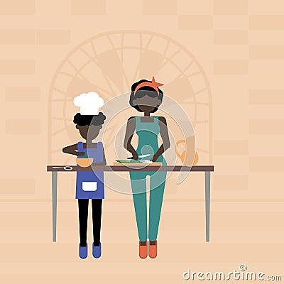 Mother and son cook food Cartoon Illustration