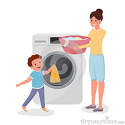 Mother with son doing laundry characters. Child helping mom doing domestic chores isolated illustration. Parent with kid Vector Illustration