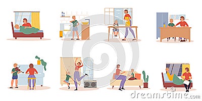 Mother son everyday activity daily life scene set Vector Illustration