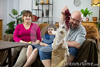 The father shows the grape to the dog and the whole family smiles. Stock Photo