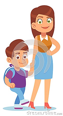 Mother with son. Daily happy boy hold moms hand, cute school pupil with backpack, happy young parent, happy family Vector Illustration