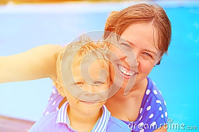 Mother and son making selfie at the beach Stock Photo