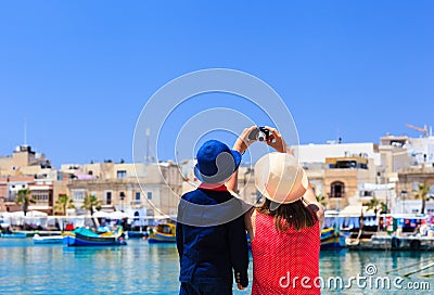 Mother and son making selfie while travel in Malta Stock Photo