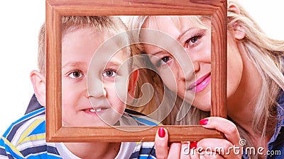 Mother and son play with empty frame Stock Photo