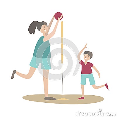 Mother and son play volleyball. Family Sports and physical activity with children, joint active recreation. Vector Vector Illustration