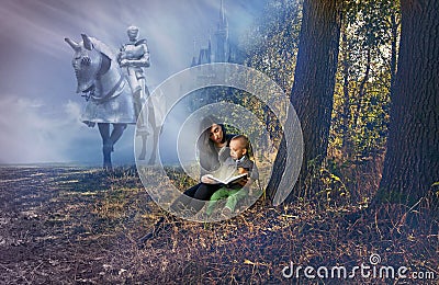 Mother and son reading fairy tales. Stock Photo