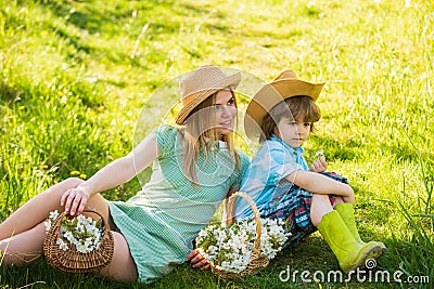 Mother and son relaxing. Spring holiday. Good vibes. Spring season. Love and respect motherland. Weekend leisure Stock Photo