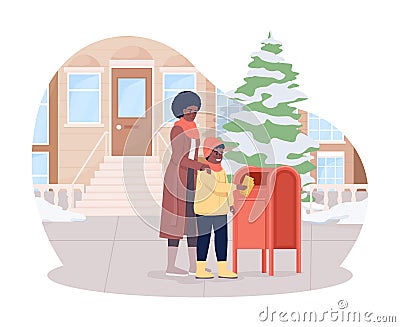 Mother and son send mail 2D vector isolated illustration Vector Illustration