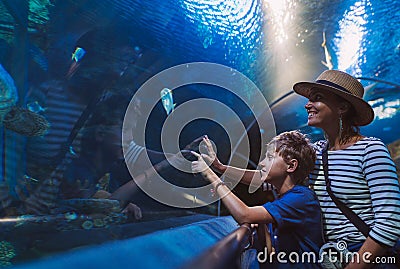 Mother and son walking in indoor huge aquarium tunnel, enjoying a underwater sea inhabitants, showing an interesting to each other Stock Photo