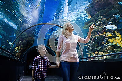 Mother and son watching sea life in oceanarium Stock Photo